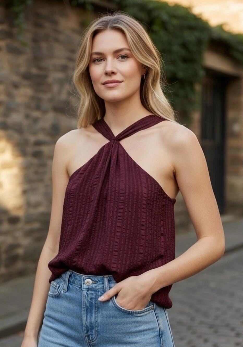 NWT Frame Size S Draped Textured Silk Halter Top Cabernet Purple Retail $378